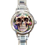 Retro Gothic Skull With Flowers - Cute And Creepy Round Italian Charm Watch Front