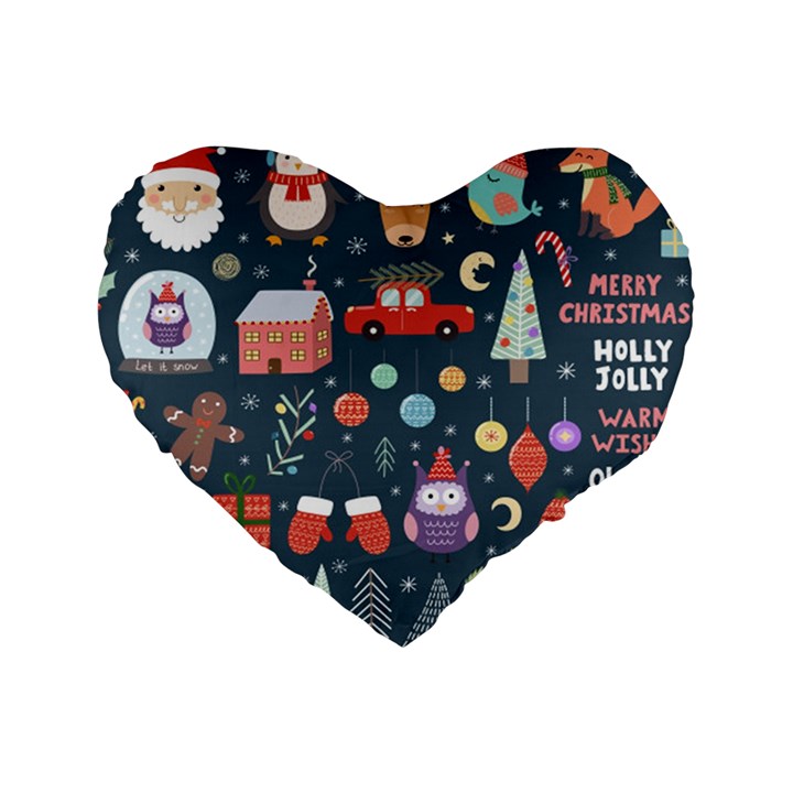 Vector Set Cute Christmas Elements Santa Penguin Deer Bear Fox Owl Trees Snowman Bird Angel More Standard 16  Premium Heart Shape Cushions