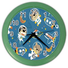 Seamless Pattern Funny Astronaut Outer Space Transportation Color Wall Clock by Semog4