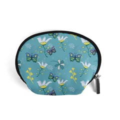 Butterflies Flowers Blue Background Spring Pattern Accessory Pouch (small) by Ravend