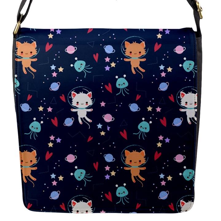 Cute-astronaut-cat-with-star-galaxy-elements-seamless-pattern Flap Closure Messenger Bag (S)