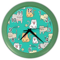 Seamless-pattern-cute-cat-cartoon-with-hand-drawn-style Color Wall Clock by Salman4z