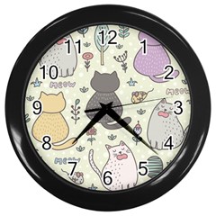 Funny Cartoon Cats Seamless Pattern Wall Clock (black) by Salman4z