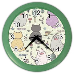 Funny Cartoon Cats Seamless Pattern Color Wall Clock by Salman4z