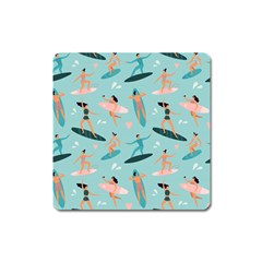 Beach-surfing-surfers-with-surfboards-surfer-rides-wave-summer-outdoors-surfboards-seamless-pattern- Square Magnet by Salman4z