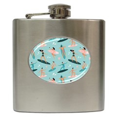 Beach-surfing-surfers-with-surfboards-surfer-rides-wave-summer-outdoors-surfboards-seamless-pattern- Hip Flask (6 Oz) by Salman4z