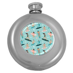 Beach-surfing-surfers-with-surfboards-surfer-rides-wave-summer-outdoors-surfboards-seamless-pattern- Round Hip Flask (5 Oz) by Salman4z