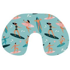 Beach-surfing-surfers-with-surfboards-surfer-rides-wave-summer-outdoors-surfboards-seamless-pattern- Travel Neck Pillow by Salman4z