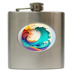 Tsunami Tidal Wave Waves Minimalist Ocean Sea Hip Flask (6 Oz) by Ravend