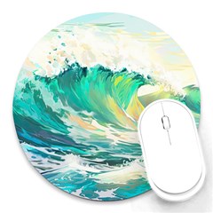 Waves Ocean Sea Tsunami Nautical Painting Round Mousepad by Ravend