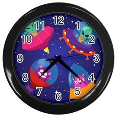 Cartoon-funny-aliens-with-ufo-duck-starry-sky-set Wall Clock (black) by Salman4z