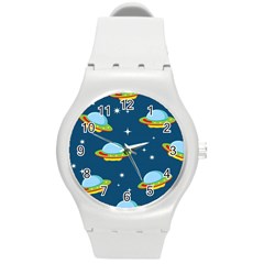 Seamless-pattern-ufo-with-star-space-galaxy-background Round Plastic Sport Watch (m) by Salman4z