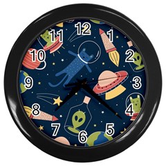 Seamless-pattern-with-funny-aliens-cat-galaxy Wall Clock (black) by Salman4z