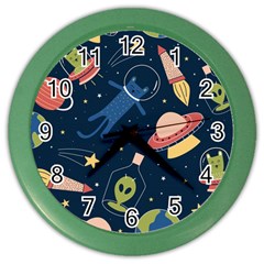 Seamless-pattern-with-funny-aliens-cat-galaxy Color Wall Clock by Salman4z