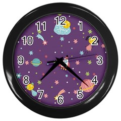 Space-travels-seamless-pattern-vector-cartoon Wall Clock (black) by Salman4z