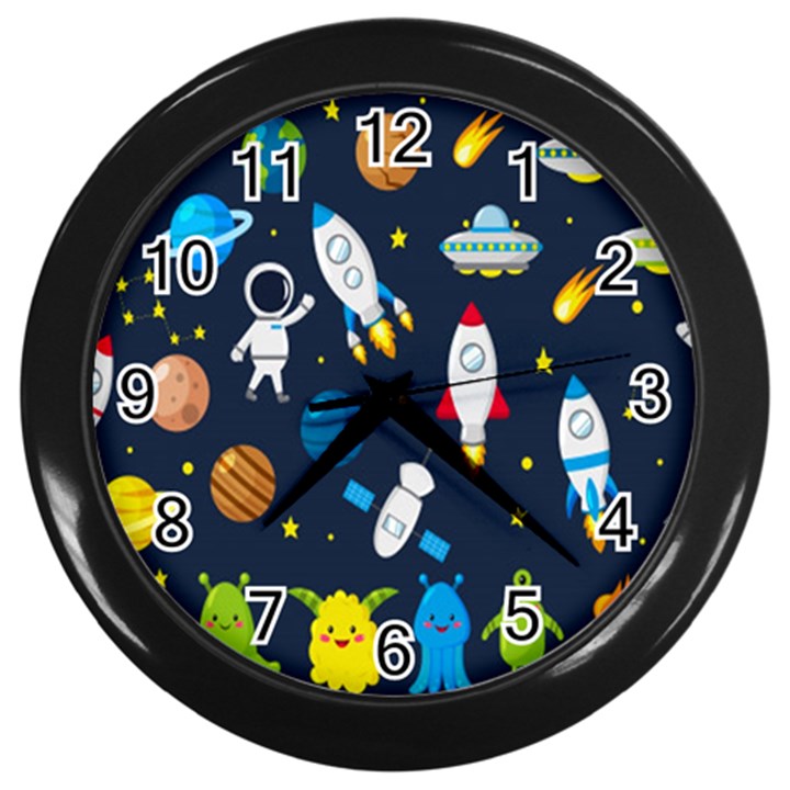 Big-set-cute-astronauts-space-planets-stars-aliens-rockets-ufo-constellations-satellite-moon-rover-v Wall Clock (Black)