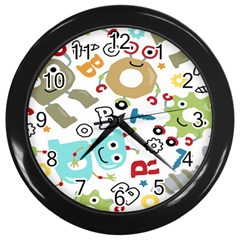 Seamless-pattern-vector-with-funny-robots-cartoon Wall Clock (black) by Salman4z