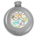 Seamless-pattern-vector-with-funny-robots-cartoon Round Hip Flask (5 oz) Front