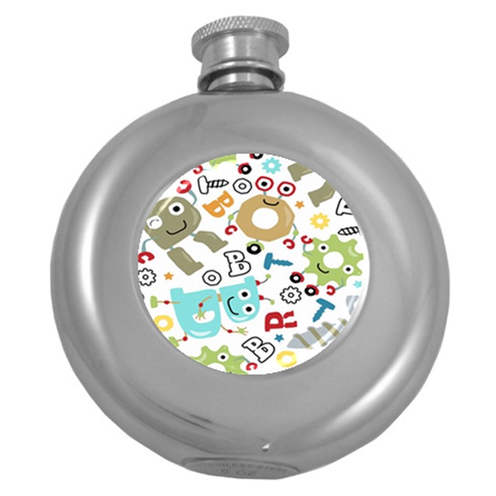 Seamless-pattern-vector-with-funny-robots-cartoon Round Hip Flask (5 oz)