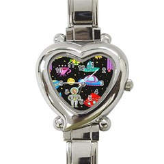 Seamless-pattern-with-space-objects-ufo-rockets-aliens-hand-drawn-elements-space Heart Italian Charm Watch by Salman4z