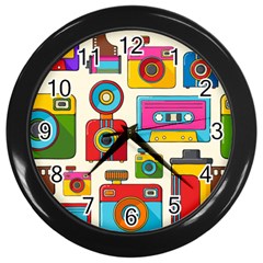 Retro-cameras-audio-cassettes-hand-drawn-pop-art-style-seamless-pattern Wall Clock (black) by Salman4z