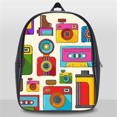 Retro-cameras-audio-cassettes-hand-drawn-pop-art-style-seamless-pattern School Bag (large) by Salman4z