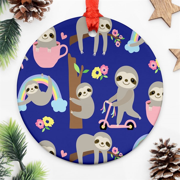 Hand-drawn-cute-sloth-pattern-background Ornament (Round)