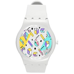 Tridimensional-pastel-shapes-background-memphis-style Round Plastic Sport Watch (m) by Salman4z