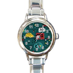 Seamless-pattern-hand-drawn-with-vehicles-buildings-road Round Italian Charm Watch by Salman4z