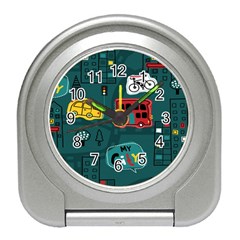 Seamless-pattern-hand-drawn-with-vehicles-buildings-road Travel Alarm Clock by Salman4z