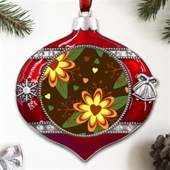 Floral Hearts Brown Green Retro Metal Snowflake And Bell Red Ornament by danenraven