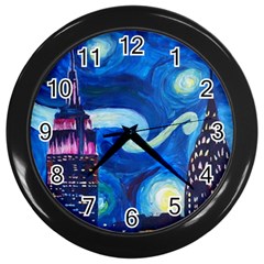 Starry Night In New York Van Gogh Manhattan Chrysler Building And Empire State Building Wall Clock (black) by Mog4mog4