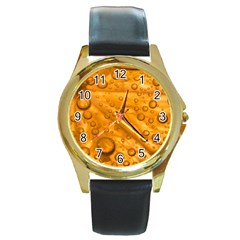 Lime Water Bubbles Macro Light Detail Background Round Gold Metal Watch by Mog4mog4