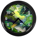 Landscape Illustration Nature Forest River Water Wall Clock (Black) Front