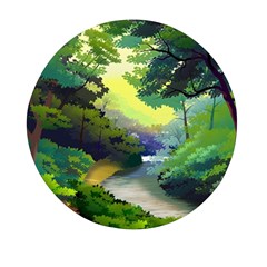 Landscape Illustration Nature Forest River Water Mini Round Pill Box by Mog4mog4