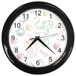 Cats And Food Doodle Seamless Pattern Wall Clock (Black) Front