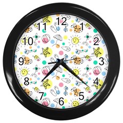 Summer Pattern Colorful Drawing Doodle Wall Clock (black) by Bakwanart