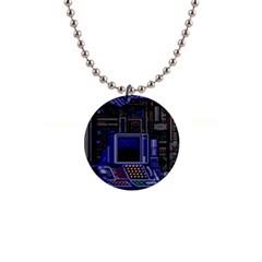 Blue Computer Monitor With Chair Game Digital Wallpaper, Digital Art 1  Button Necklace by Bakwanart