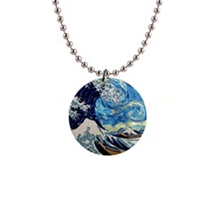 The Great Wave Of Kanagawa Painting Hokusai, Starry Night Vincent Van Gogh 1  Button Necklace by Bakwanart