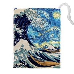 The Great Wave Of Kanagawa Painting Hokusai, Starry Night Vincent Van Gogh Drawstring Pouch (4xl) by Bakwanart