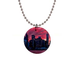 Skyline Sunset United States Reflection Usa,new York Manhattan 1  Button Necklace by Bakwanart