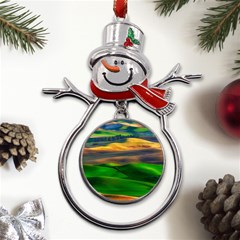 Grassland Nature Palouse Green Field Hill Sky Butte Metal Snowman Ornament by Bakwanart