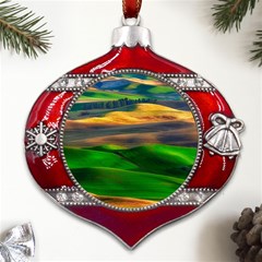 Grassland Nature Palouse Green Field Hill Sky Butte Metal Snowflake And Bell Red Ornament by Bakwanart