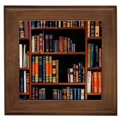 Assorted Title Of Books Piled In The Shelves Assorted Book Lot Inside The Wooden Shelf Framed Tile by 99art