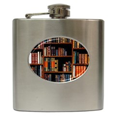 Assorted Title Of Books Piled In The Shelves Assorted Book Lot Inside The Wooden Shelf Hip Flask (6 Oz) by 99art