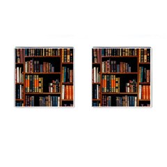 Assorted Title Of Books Piled In The Shelves Assorted Book Lot Inside The Wooden Shelf Cufflinks (square) by 99art