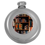 Assorted Title Of Books Piled In The Shelves Assorted Book Lot Inside The Wooden Shelf Round Hip Flask (5 oz) Front