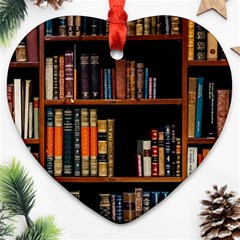 Assorted Title Of Books Piled In The Shelves Assorted Book Lot Inside The Wooden Shelf Heart Ornament (two Sides) by 99art