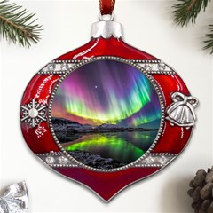 Aurora Borealis Polar Northern Lights Natural Phenomenon North Night Mountains Metal Snowflake And Bell Red Ornament by B30l