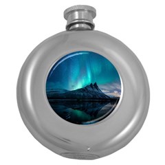 Aurora Borealis Mountain Reflection Round Hip Flask (5 Oz) by B30l